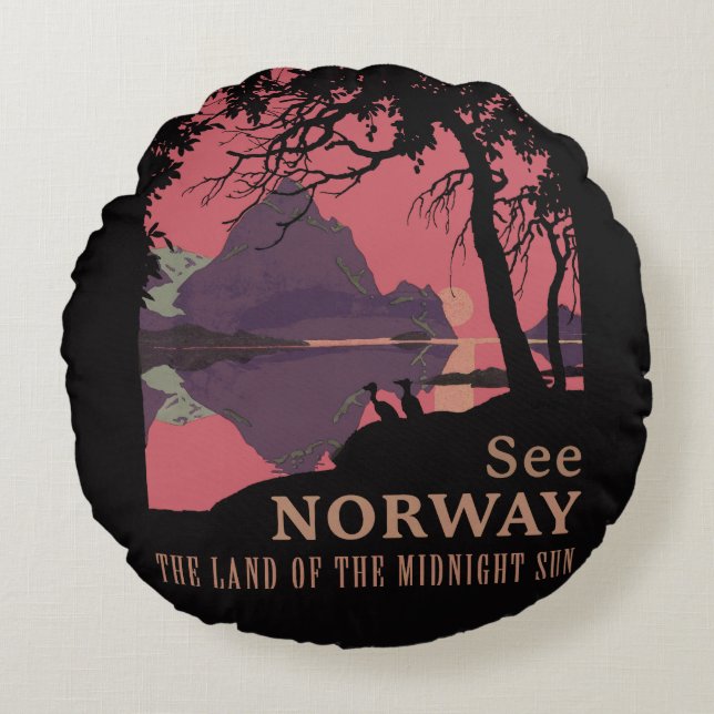 Minimalist Norway Sunset Poster - Mountain Fjord Rundes Kissen (Vorderseite)