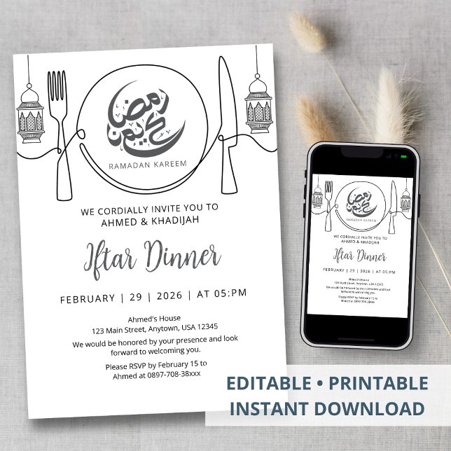 Minimalist One Line Art Ramadan Iftar Dinner Einladung (Von Creator hochgeladen)