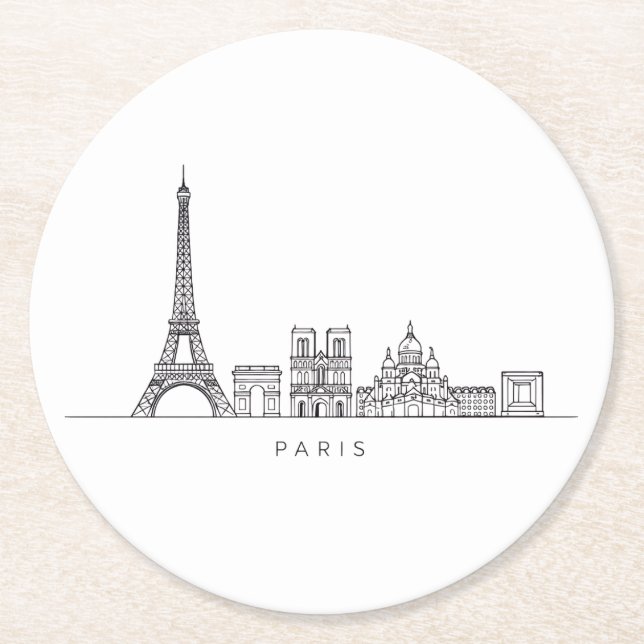 Minimalist Paris Skyline Line Art Runder Pappuntersetzer (Vorderseite)