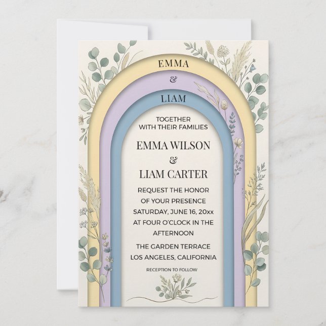 Minimalist Pastel Arch Frame Botanical Wedding Einladung (Vorderseite)