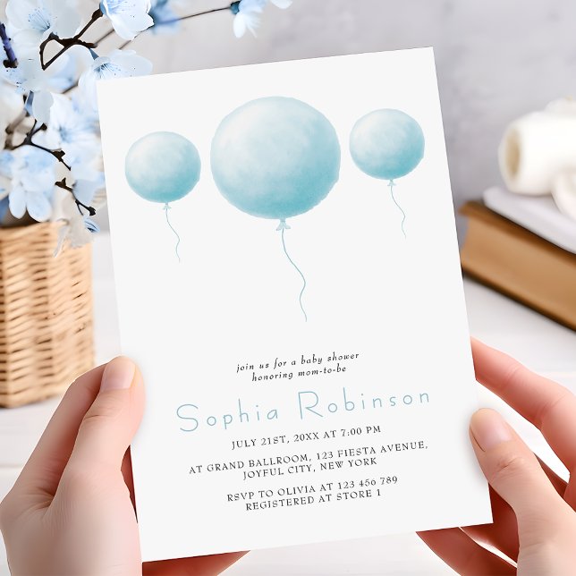Minimalist Pastel Blue Balloons Baby Boy Shower Einladung (Von Creator hochgeladen)