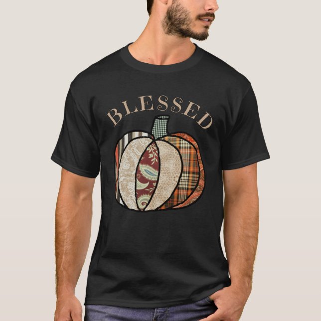Minimalist Patchwork Pumpkin Autumn Blessed Thanks T-Shirt (Vorderseite)