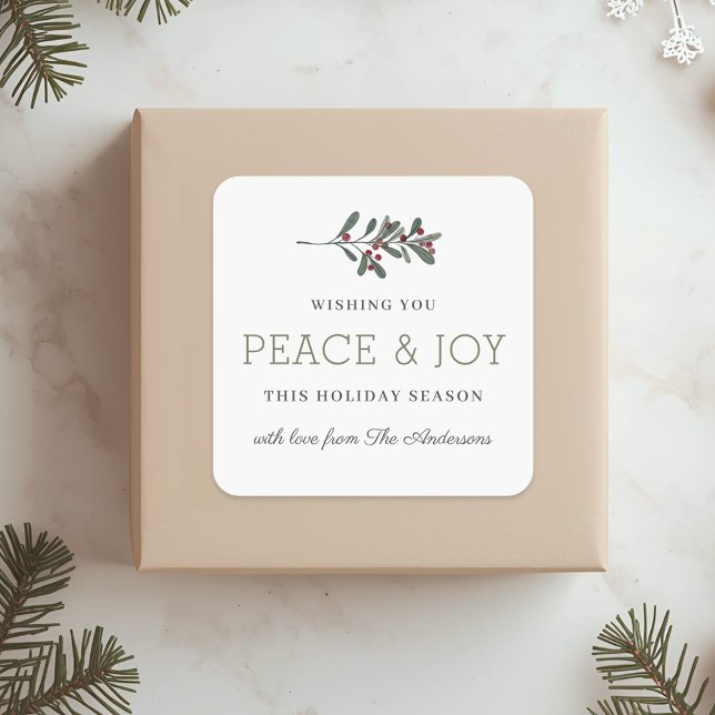 Minimalist Peace and Joy Holiday Gift Quadratischer Aufkleber (Von Creator hochgeladen)