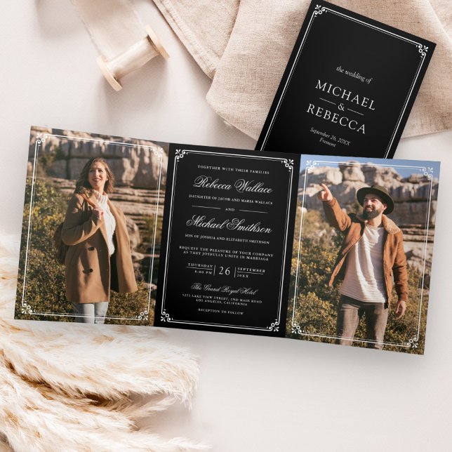 Minimalist Photo Black and White QR Code Wedding Dreifach Gefaltete Einladung (Von Creator hochgeladen)