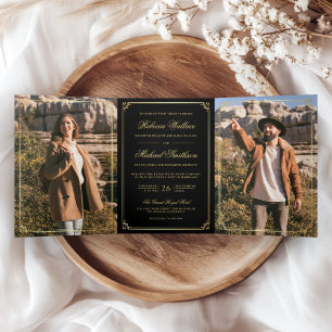 Minimalist Photo Schwarz Gold QR-Code Hochzeit Dreifach Gefaltete Einladung