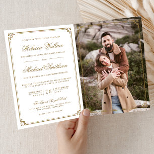 Minimalist Photo White Gold QR Code Hochzeit Einladung