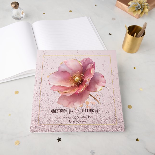 Minimalist Pink and Gold Poppy Wedding Gästebuch (Vorderseite offen)