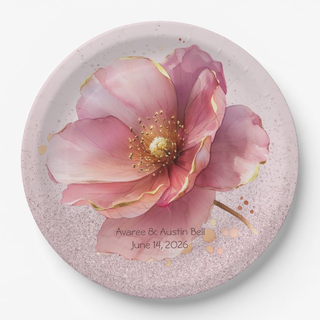 Minimalist Pink and Gold Poppy Wedding Pappteller (Vorderseite)