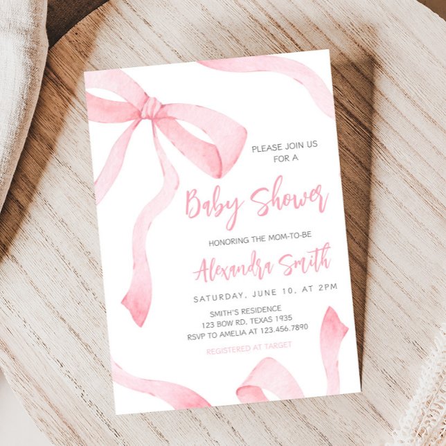 Minimalist Pink Bow Baby Shower Einladung (Coquette Baby Shower Invitation)