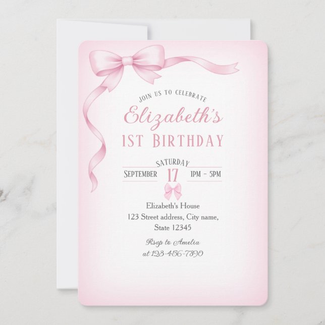 Minimalist Pink Bow First Birthday Invitation Einladung (Vorderseite)