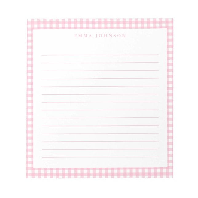 Minimalist Pink Gingham Monogram Lined Notizblock (Vorderseite)