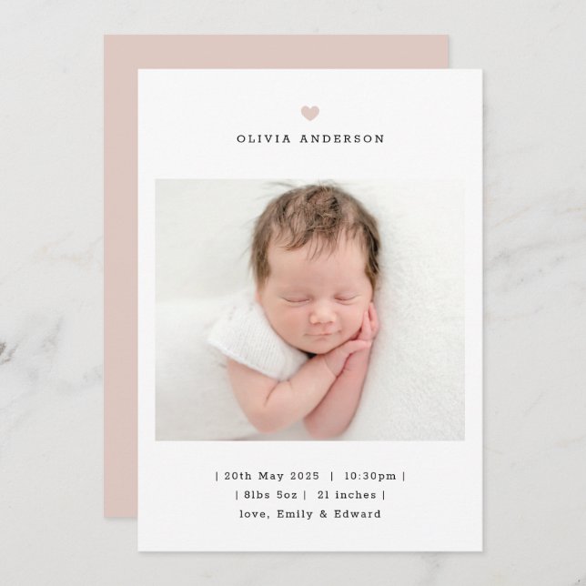 Minimalist Pink Heart Girl Birth Announcement Ankündigung (Vorne/Hinten)