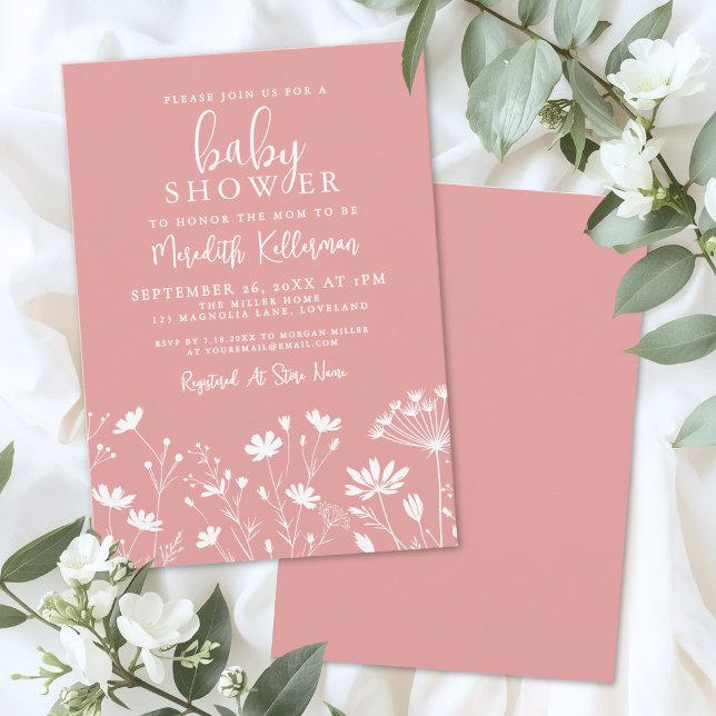 Minimalist Pink Wildflower Baby Shower Einladung (Minimalist Pink Wildflower Baby Shower Invitation)