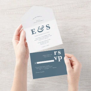 Minimalist Prep Chic Dusty Blue Monogram-Hochzeit All In One Einladung