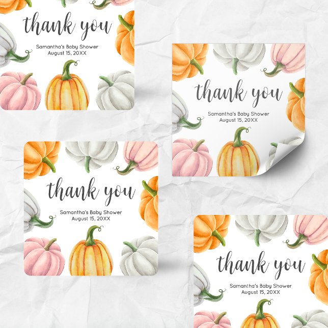 Minimalist Pumpkin Fall Baby Shower Square Quadratischer Aufkleber (Minimalist Pumpkin Baby Shower Square Sticker)