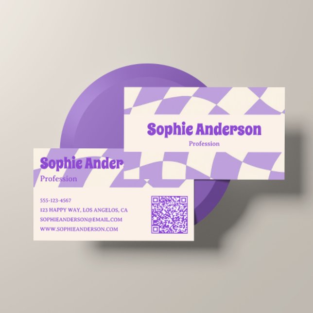 Minimalist Purple Retro Wavy Pattern QR Code  Visitenkarte (Von Creator hochgeladen)