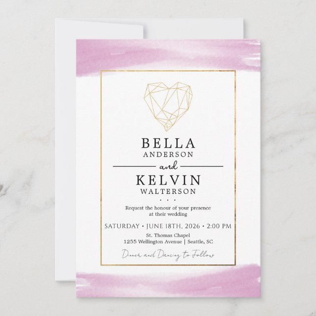 Minimalist Purple Watercolor Gold Heart Invitation Einladung (Vorderseite)