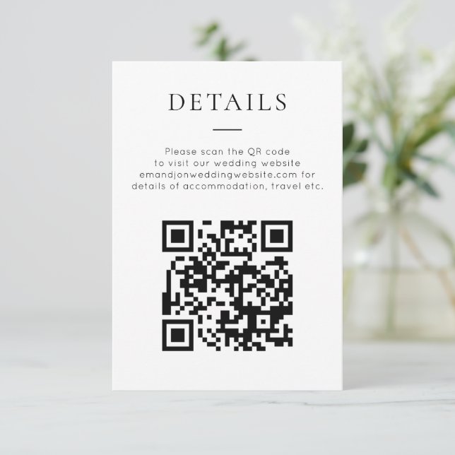 Minimalist QR Code Black White Wedding Details Begleitkarte (Stehend Vorderseite)