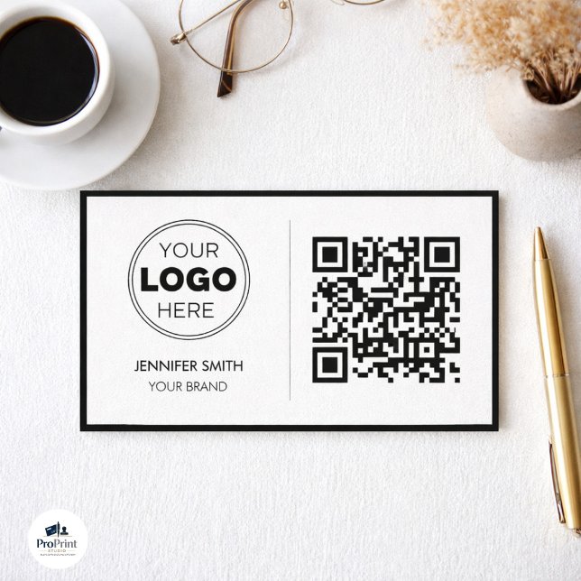 Minimalist QR Code Professional Design Visitenkarte (Modern business card on texture with logo, QR code, coffee, glasses, and gold pen.)