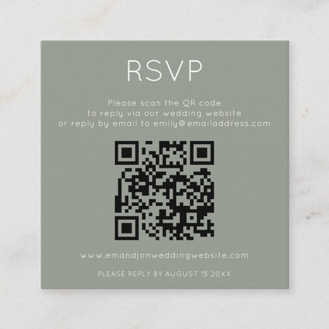 Minimalist QR Code Sage Green Wedding RSVP Begleitkarte (Vorderseite)