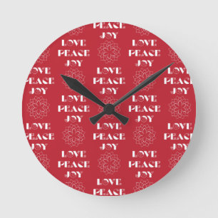 Minimalist Red and White Love, Peace, Joy Runde Wanduhr