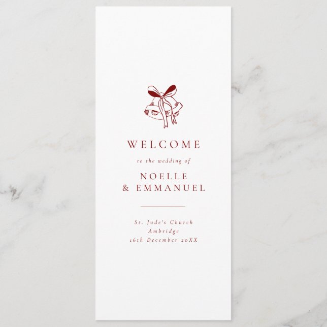 Minimalist Red Christmas Bells Winter Wedding Programm (Vorderseite)