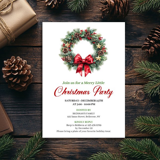 Minimalist Red Green Christmas Wreath Party Card Einladung (Minimalist Red Green Christmas Wreath Party Card)
