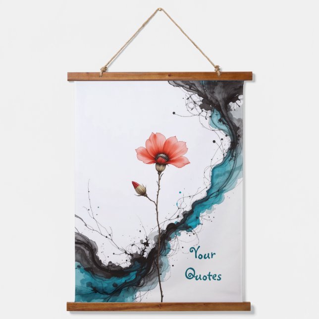 Minimalist Red Poppy Ink Art Print Wandteppich Mit Holzrahmen (Vorderseite)