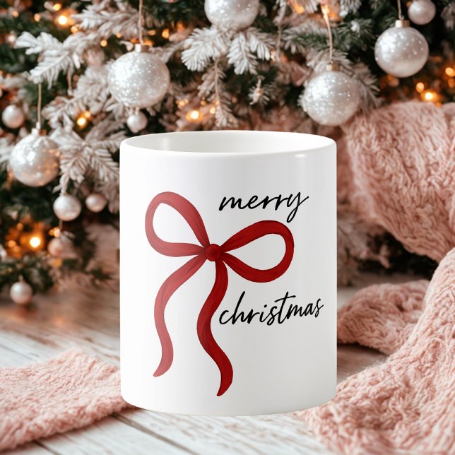 Minimalist Red Ribbon Bow Merry Christmas  Kaffeetasse (Von Creator hochgeladen)