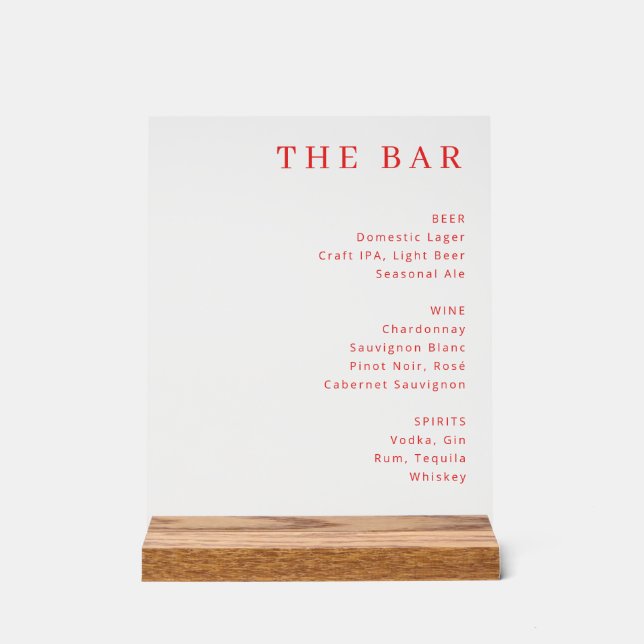 Minimalist Red Typographic Bar Menu Acrylschild (Vorderseite)