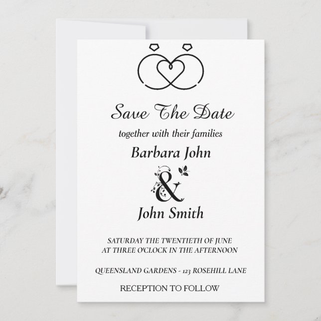 Minimalist Rings Heart Wedding Save The Date  Einladung (Vorderseite)