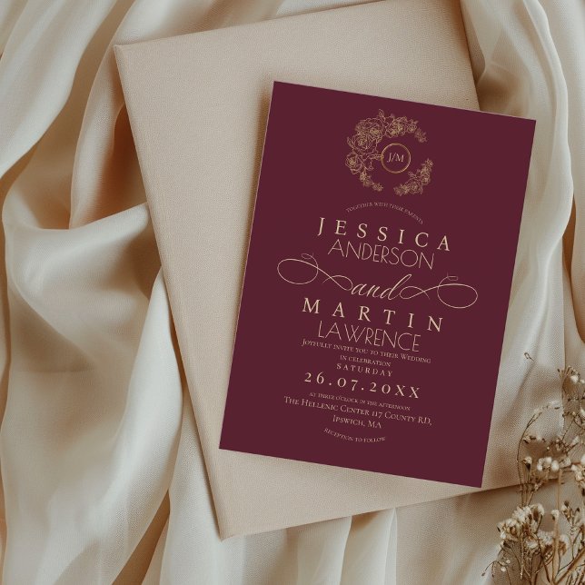 Minimalist Romantic Script Burgundy Gold Wedding  Einladung (Von Creator hochgeladen)