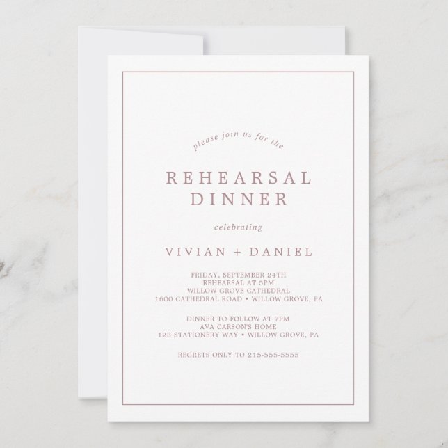 Minimalist Rose Gold Typography Rehearsal Dinner Einladung (Vorderseite)