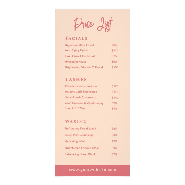 Minimalist Rose & Ivory Salon Beauty Price List  Werbekarte (Vorne)