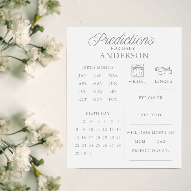 Minimalist Sage Green Baby Shower Predictions Game (Von Creator hochgeladen)