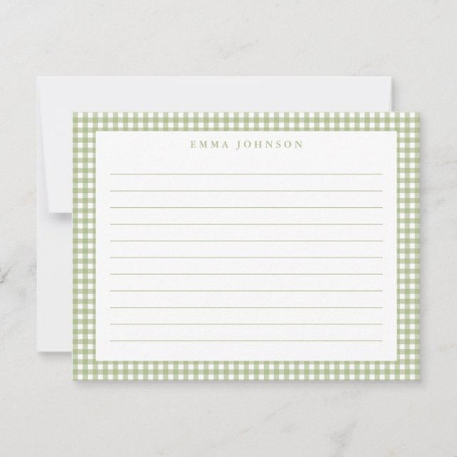 Minimalist Sage Green Gingham Plaid Lined Mitteilungskarte (Vorderseite)