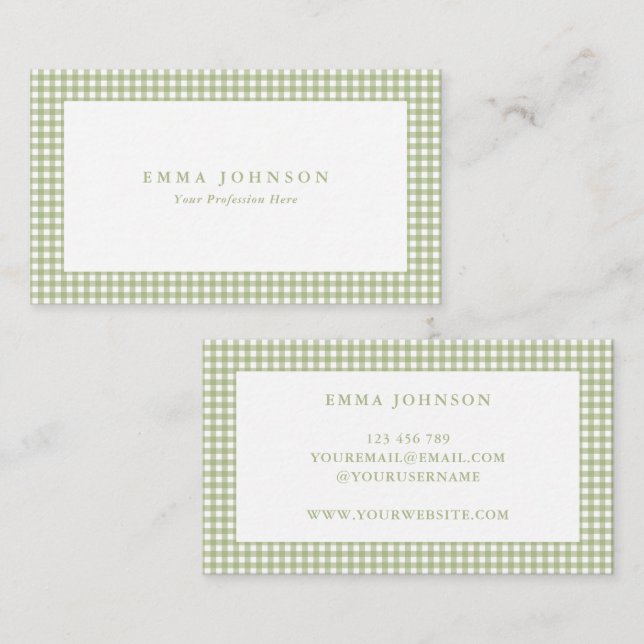 Minimalist Sage Green Gingham Plaid Visitenkarte (Vorne/Hinten)