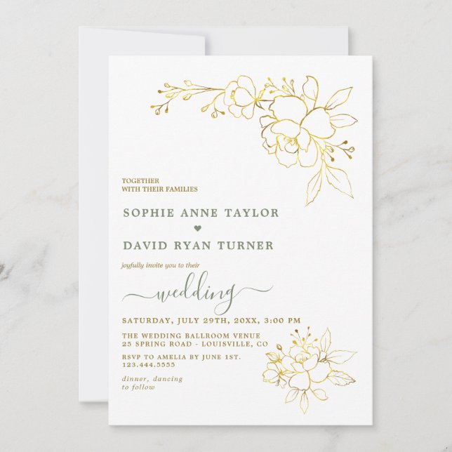 Minimalist Sage Green Gold Flowers Wedding Einladung (Vorderseite)