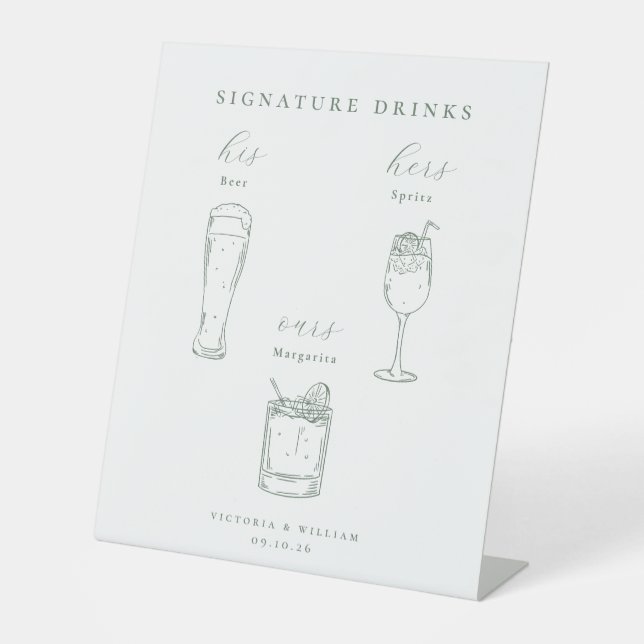 Minimalist Sage Green Wedding Signature Drinks Sockelschild (Vorderseite)