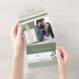 Minimalist Sage Grün Foto Hochzeit All In One Einladung