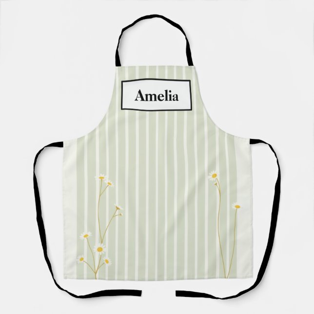 Minimalist Sage Stripe & Daisy Apron Schürze (Vorderseite)