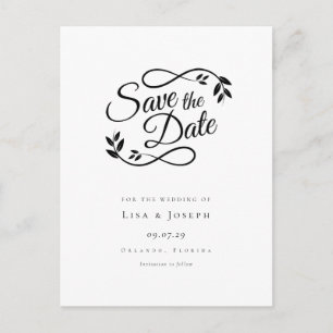 Minimalist Schwarz-Weiß Save-the-Date Ankündigungspostkarte