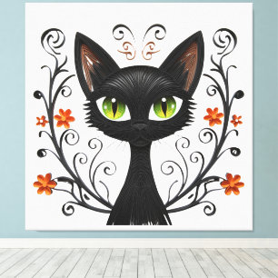 Minimalist Schwarze Katze Grüne Augen Filigran-Des Leinwanddruck