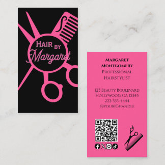Minimalist Scissors Pink Black QR Code Hair Salon Visitenkarte