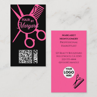 Minimalist Scissors Pink Black QR Code Hair Salon Visitenkarte