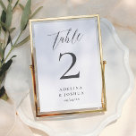 Minimalist Script Calligraphy Elegant Wedding Tischnummer<br><div class="desc">A table number card to match our Black & White Photo Wedding collection. This design features classic serif typography, elegant script lettering, and a modern typography layout. At the top, "table" is written in calligraphy. Below, your names and the details are in classic serif. Please note this card is sold...</div>