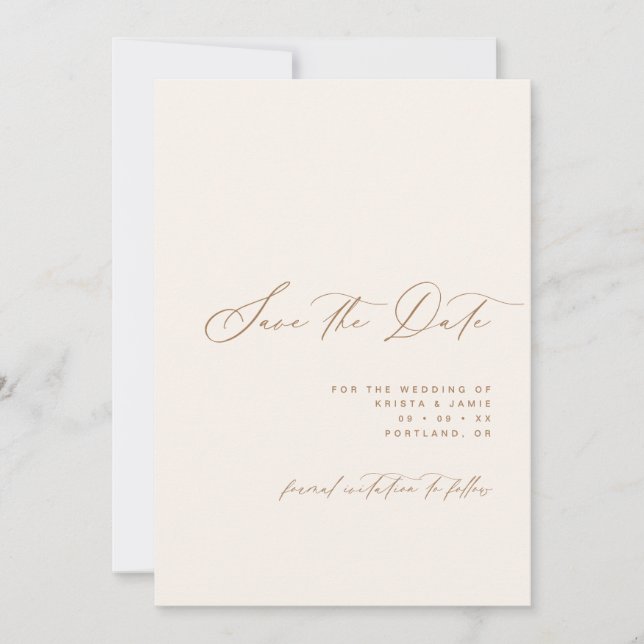 Minimalist Script Ivory & Tan Photo Wedding Save The Date (Vorderseite)