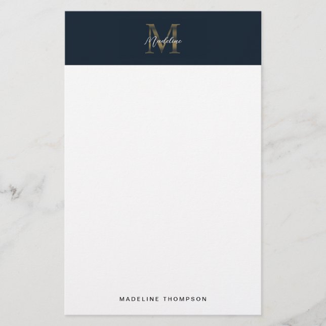Minimalist Script Metallic Navy Blue Gold Monogram Briefpapier (Vorderseite)