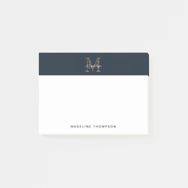 Minimalist Script Metallic Navy Blue Gold Monogram Post-it Klebezettel (Vorderseite)