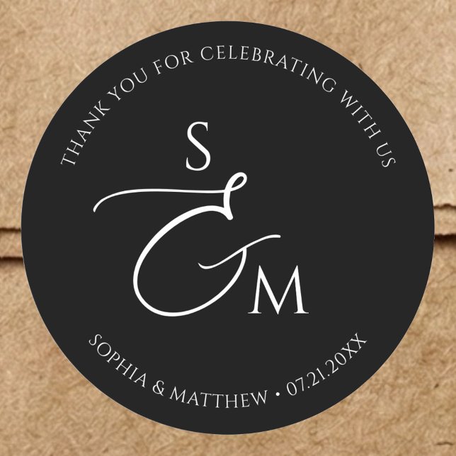 Minimalist Script Monogram Wedding Black Runder Aufkleber (Von Creator hochgeladen)